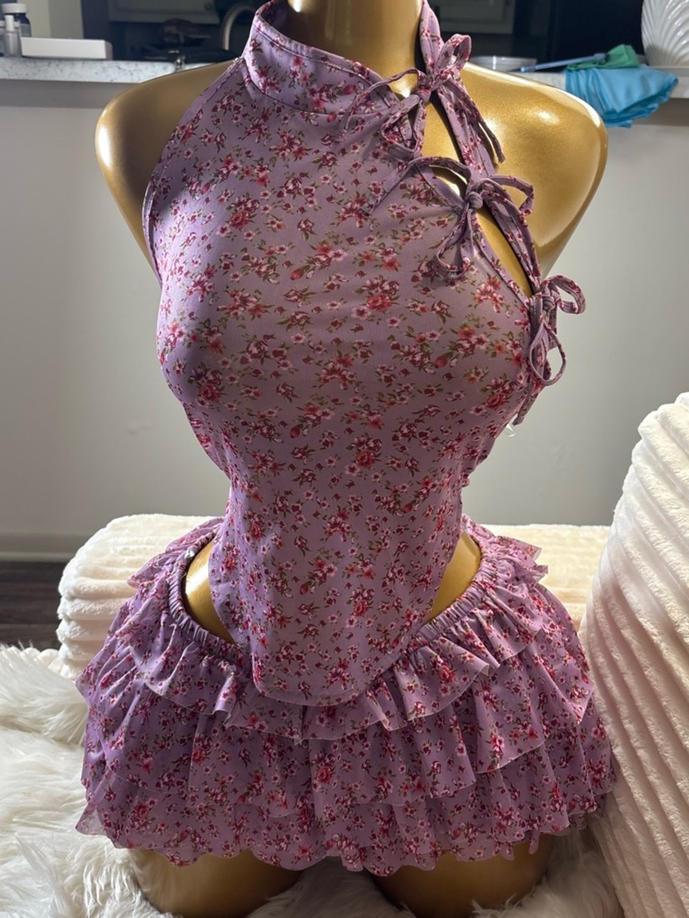 AKIRA Lavender Floral Set Halter Chemise with Ruffled Skirt